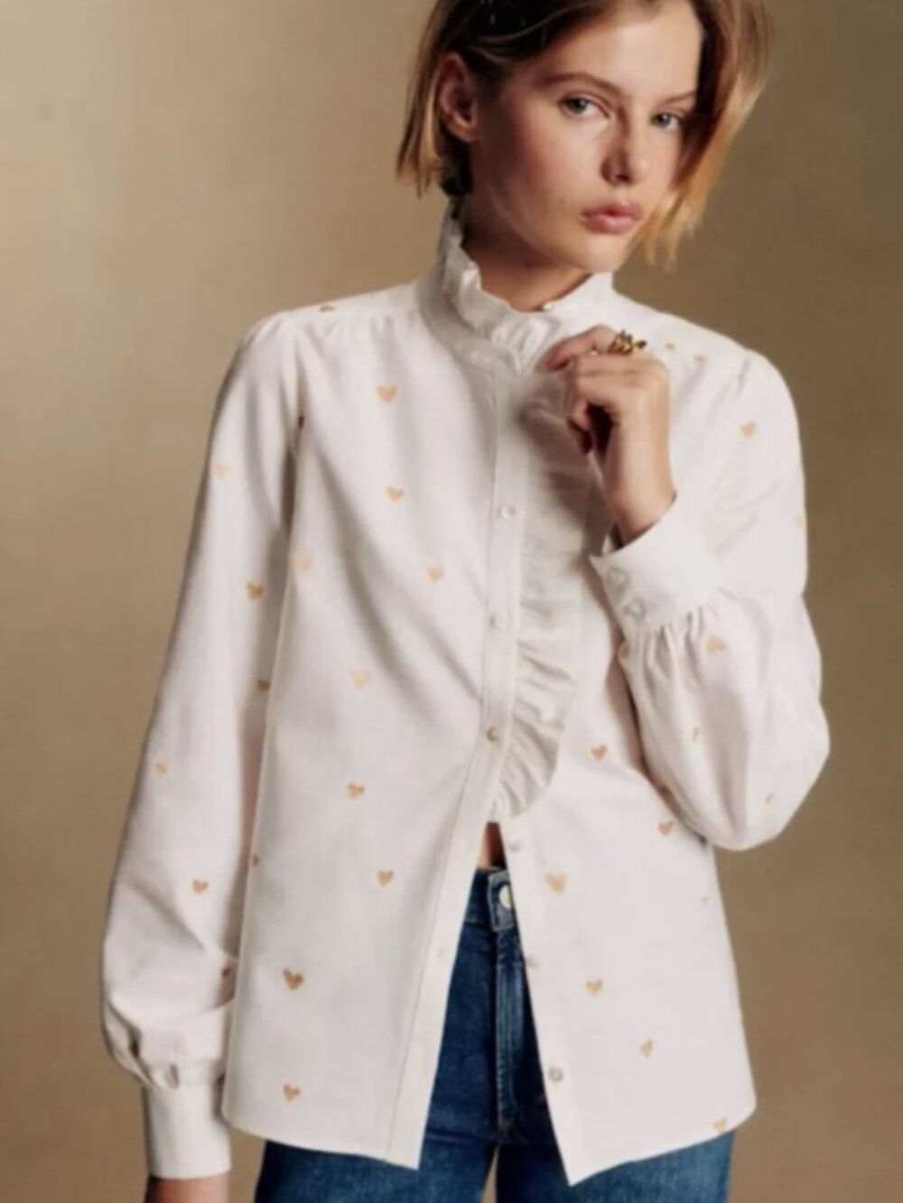 Sezane Chlo Shirt Ruffle Collar White Cotton Gold Embroidered Heart 36/4